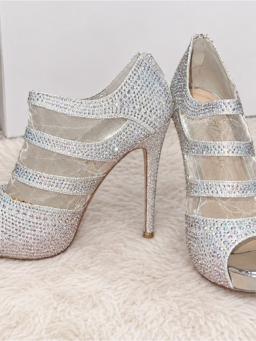 Betsey Johnson Silver Crystal Mesh Strappy Peep-Toe Stilettos